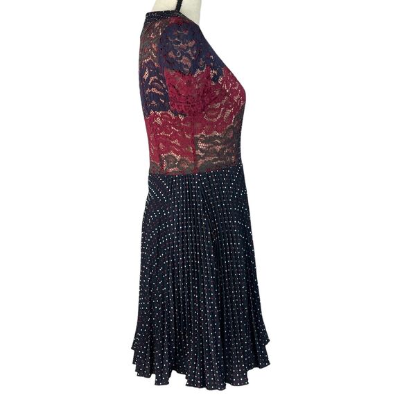 French Connection SZ 6 Phoebe Dress Mix-Lace Polka Dot Round Neck Pleated Mini - Picture 6 of 13